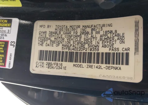 2013 Toyota Corolla Le из США, поврежденный, VIN 5YFBU4EE2DP210359